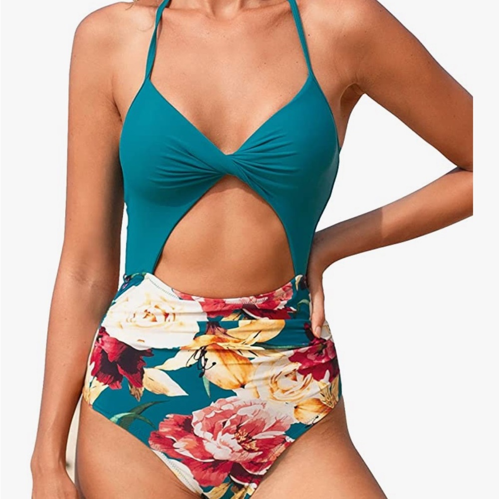 NWT CUPshe onepiece swimsuit teal top floral bottom size large